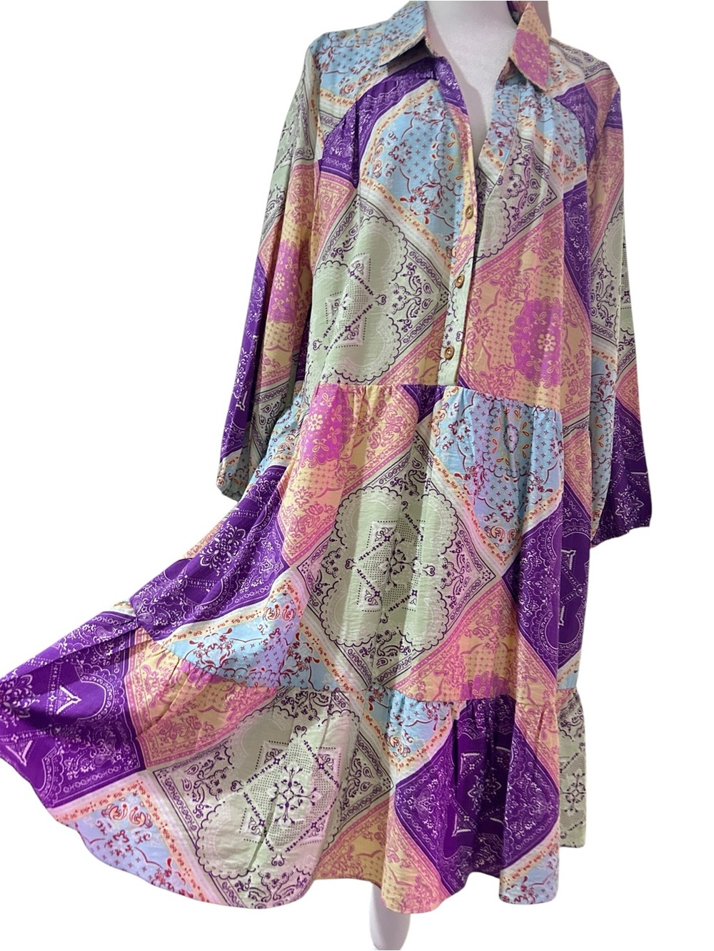 Patchwork Paisley Boho Midi Dress Button Front Long Sleeve Cottagecore